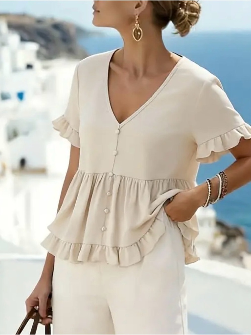 Ruffled Cream V-Neck Button-Front Peplum Blouse